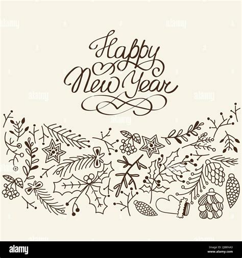 Black And White Happy New Year Congratulation Decorative Sketch With