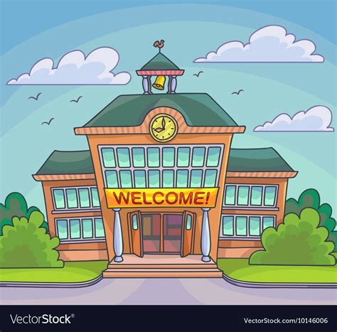 School Building Bright Cartoon Illustration For Back To School Banner