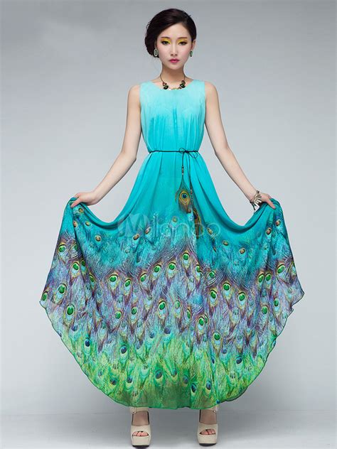 Peacock Printed Chiffon Maxi Dress