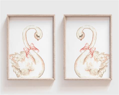 Swan Print Set Sleeping Swans Nursery Swan Art Pink Bows Etsy Swan