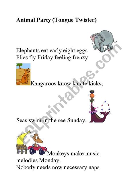 English Worksheets Animals Tongue Twister