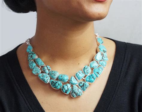Beautiful Chunky Silver Necklace Studded With Genuine Turquoise On Luulla