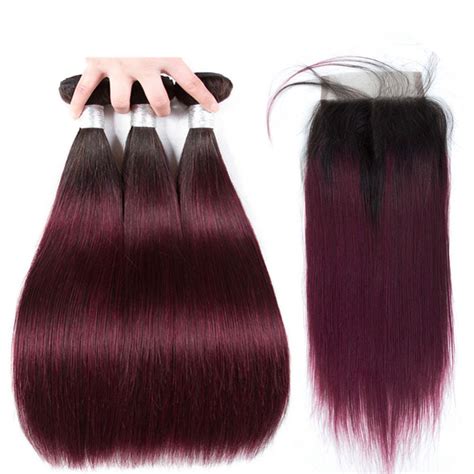 1b99j Straight Remy Human Hair Ombre Hair Bundles With Lace Closure