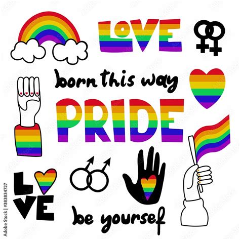 Pride Doodle Stickers Set Born This Way Be Yourself Love Lettering