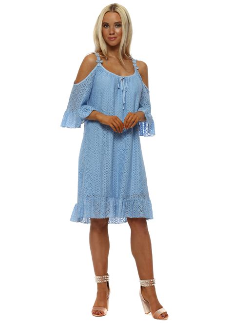Made In Italy Blue Lace Cold Shoulder Summer Mini Dress