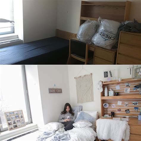 Two Pictures Side By Side One With A Bed The Other With Pillows And Blankets