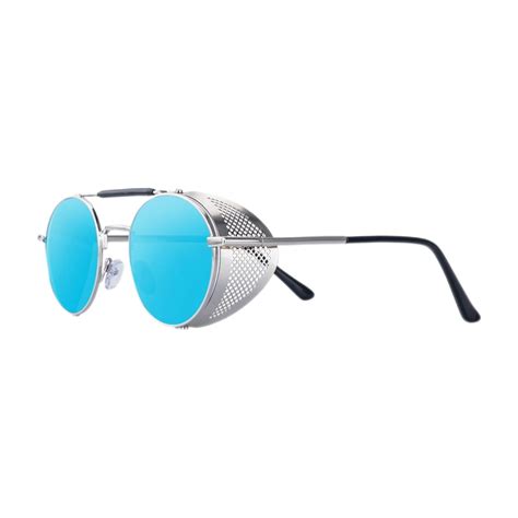 Retro Round Steampunk Sunglasses Metal Frame Side For Men Women Blue