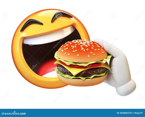 Emoji Eating Burger Isolated On White Background Hungry Emoticon 3d Rendering Stock