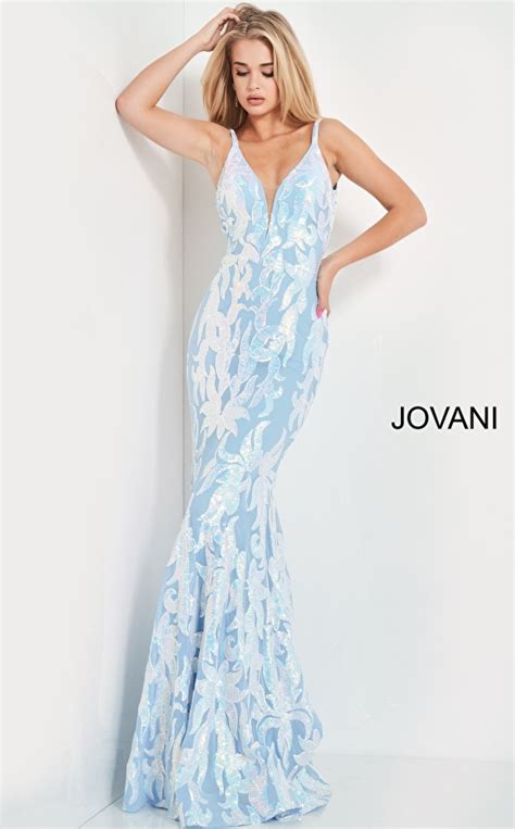 Jovani 3263 Light Blue Sequin Open Back Prom Dress