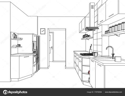 3d Vector Sketch Modern Kitchen Furniture Design In Apartment Interior Stock Vector Image By