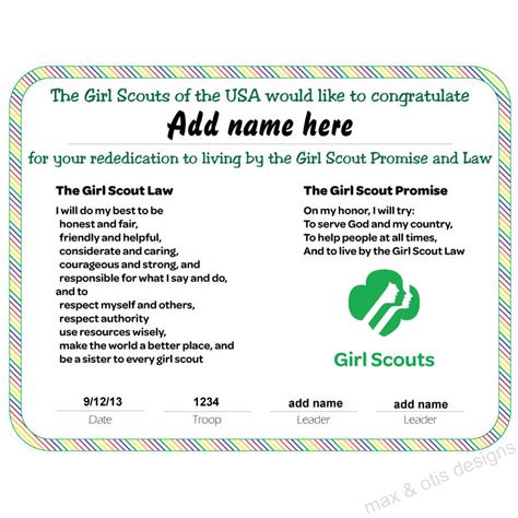 Girl Scout Re Dedication Printable Certificate Editable Pdf Max