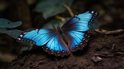 Sch Ner Blauer Schmetterling Im Wald Mit Einigen Wurzeln Blauer
