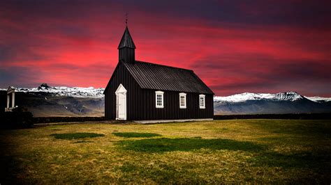Búðir Wallpaper 4k Iceland Church Hamlet Landscape Red Sky Nature