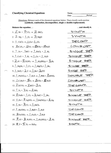Balancing Equations And Types Of Reactions Worlsheet Key Answer Key