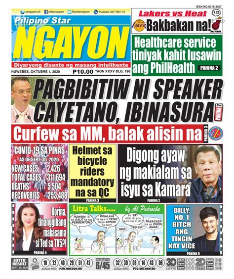 Pilipino Star Ngayon October 01 2020 Newspaper