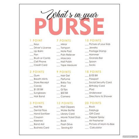 Printable Whats In Your Purse Game