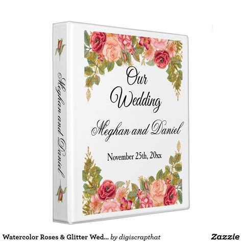 Watercolor Roses And Glitter Wedding Photo Album 3 Ring Binder Glitter Wedding
