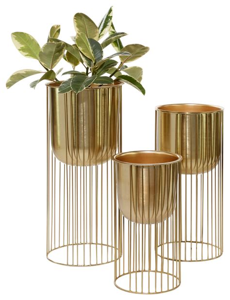 Large Eclectic Gold Metal Planters With Stands Set Of 3 16 21 24