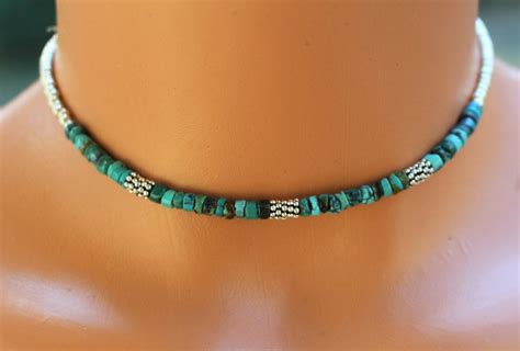 Genuine Turquoise And Silver Beaded Choker Necklace Boho Etsy