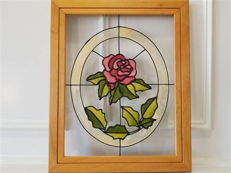 Flowers Stained Glass Suncatcher Wood Frame Etsy Wood Frame Stained Glass Suncatchers