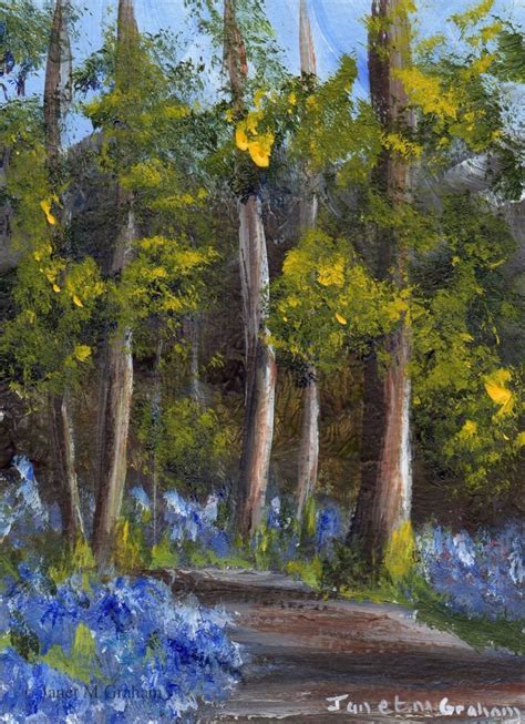 Bluebell Path Aceo Flowers Forest Trees Original Landscape Aceo Acrylic