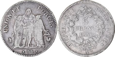 France 5 Francs An 11 A Coin Union Et Force Paris Silver Ef40 45