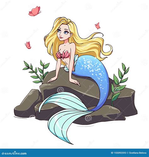 Cute Mermaid With Blonde Hair And Blue Tail Sitting On Stone Stock