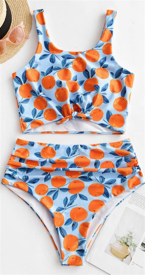 Orange Print Knot Ruched Tankini Swimsuit Swimsuits Outfits