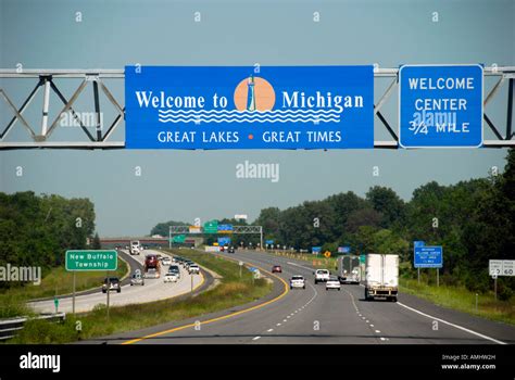 Welcome To Michigan Sign On Interstate 94 Freeway Leaving Indiana Stock