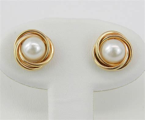 Pearl Halo Stud Earrings 14K Yellow Gold June Birthstone Wedding Studs