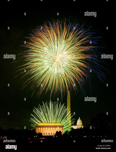 Th July Independence Day Fireworks Celebrations Over Monuments In Washington Dc Usa Stock