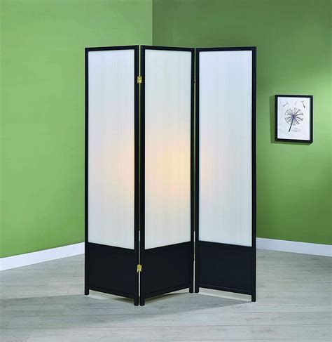 Black Finish Room Divider Screen With Three Translucent Frosted Panels