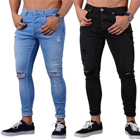 Buy Mens Skinny Stretch Denim Pants Distressed Ripped Freyed Slim Fit