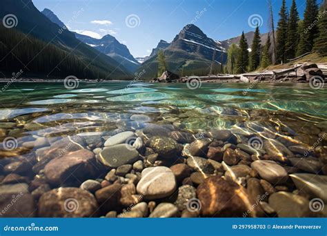 Crystal Clear Lake Surrounded By Snowy Mountain Peaks Creating A