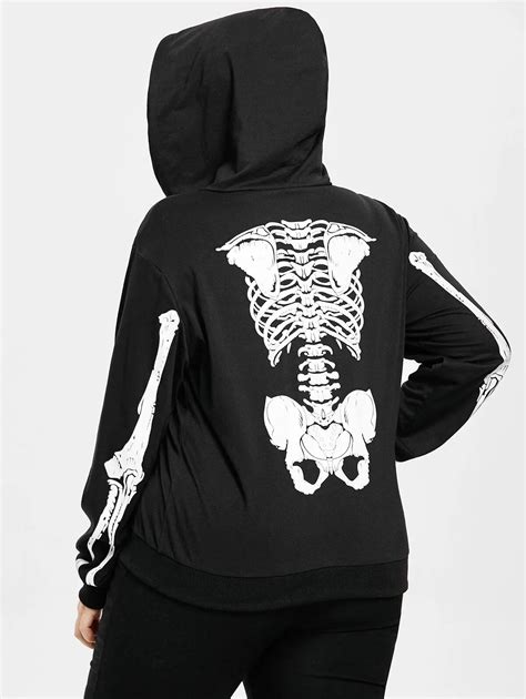 New Plus Size Halloween Hoodies Women Skeleton Pattern Zip Up Hoodie