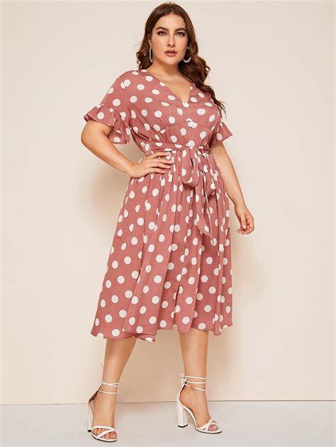 Plus Polka Dot Flounce Sleeve Belted Dress Casual Dresses With