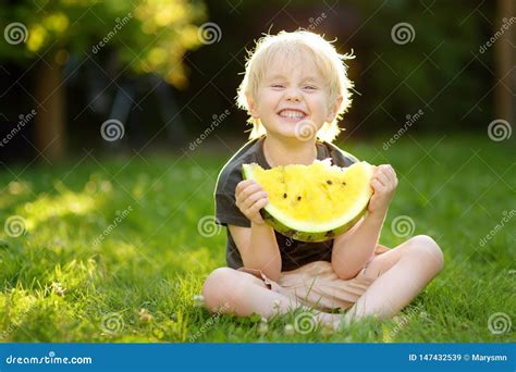 Cute Caucasian Little Boy With Blond Hairs Eating Yellow Watermelon
