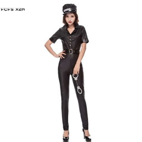Sexy Faux Leather Black Jumpsuit Policewoman Uniform Costume Female