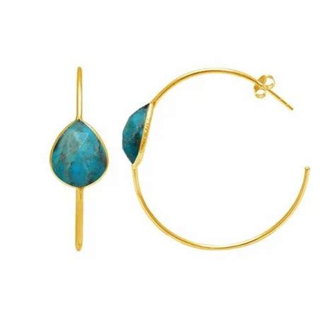 18k Gold Plated Sterling Silver Turquoise Gemstone Hoop Earring At Rs
