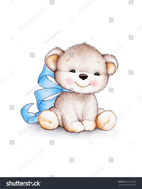 Cute Teddy Bear Blue Bow Stock Illustration 521610685 Shutterstock