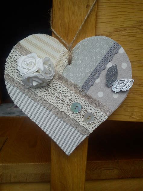 Handmade Heart Made With Mdf Fabrics Lace And Buttons Wooden Hearts