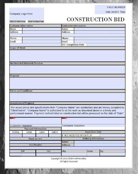 Construction Project Bid Proposal Form Template Simple Minimal Editable
