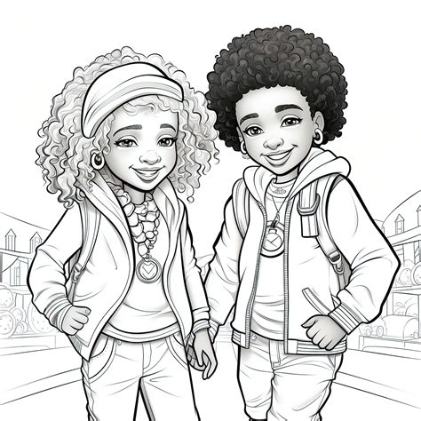 漫画のアニメーションを備えた巻き毛の異人種間の子供たちの塗り絵のページ プレミアムベクター