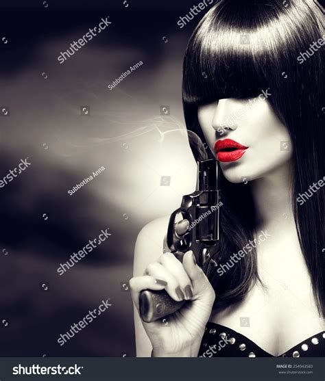Sexy Model Woman With A Gun Black And White Portrait Of Beauty Lady