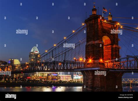John A Roebling Suspension Bridge With Cincinnati Ohio In The