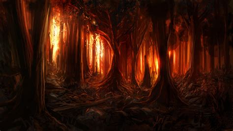 Digital Art Nature Trees Forest Painting Burning Fire Wood