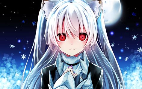Download 1588x1000 Anime Girl Red Eyes White Hair Animal Ears Snowflakes Wallpapers