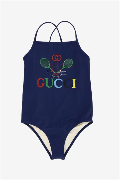 Gucci Kids Tennnis Embroiderd One Piece Swimsuit In Blue Modesens