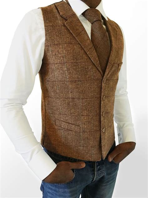 Mens Wool Blend Tweed Brown Tailored Fit Herringbone Check Lapel