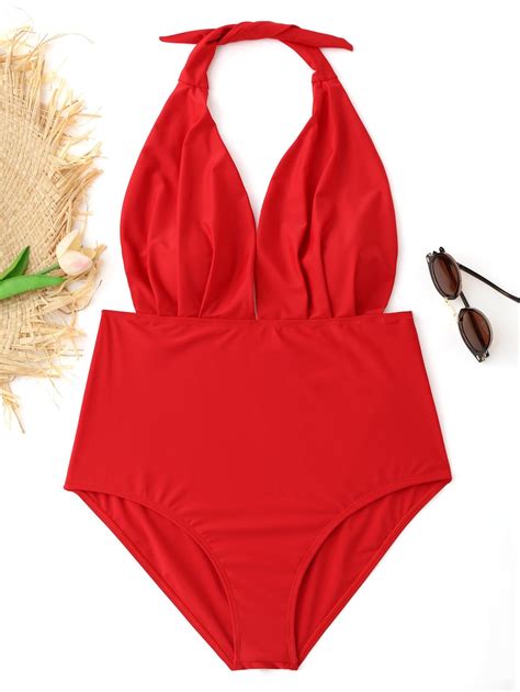 46 Off 2020 Pleated Halter Plus Size Swimsuit In Red Zaful